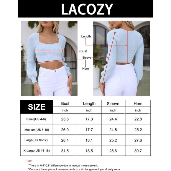 Lacozy Women's Red Greenr Trendy Long Sleeve Cropped Square Neck Knit Shirts - Picture 5 of 5